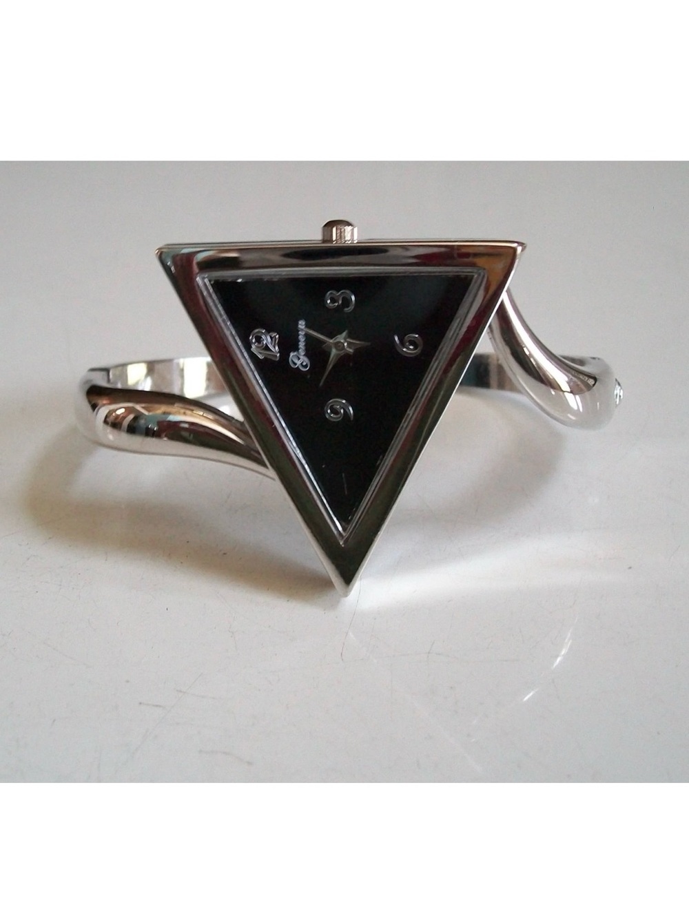 Women silver finish black dial triangle bangle cuff watch